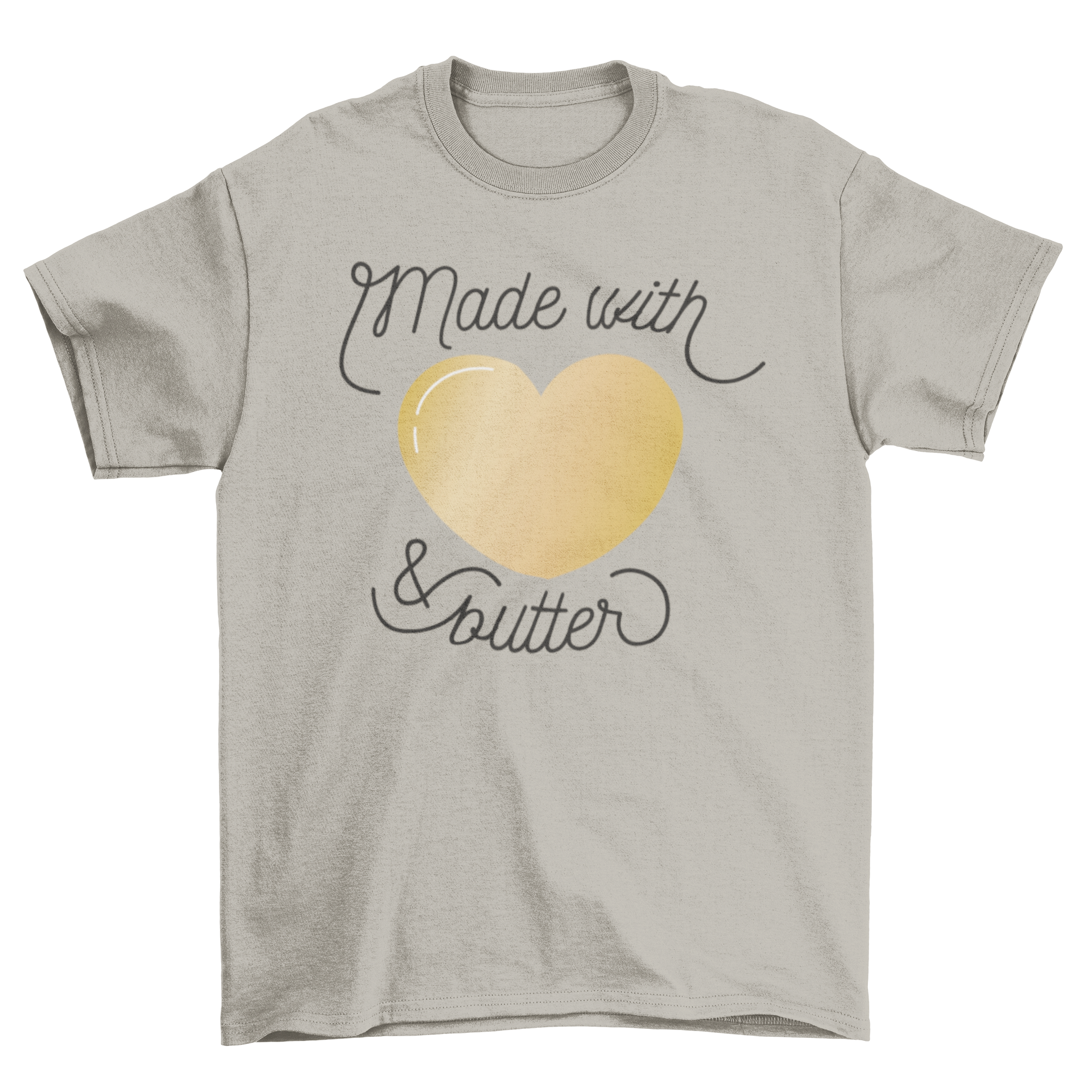 A cute t-shirt featuring a heart design and the quote 'Made with & butter', perfect for cooking enthusiasts.