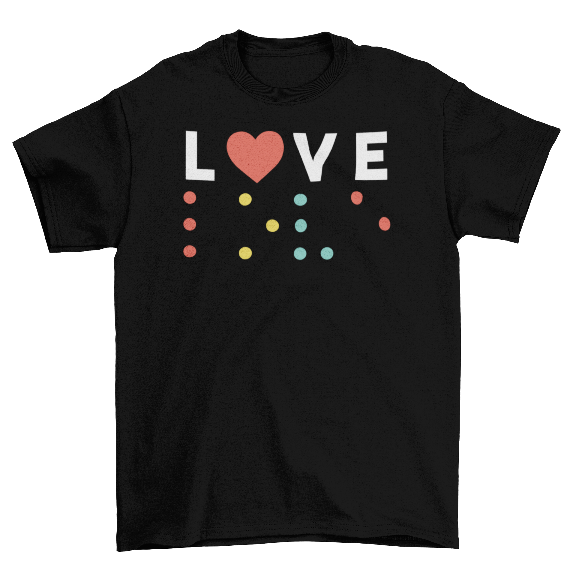 Love Braile T-shirt featuring the word 'Love' in Braille with a red heart as the letter 'O'.