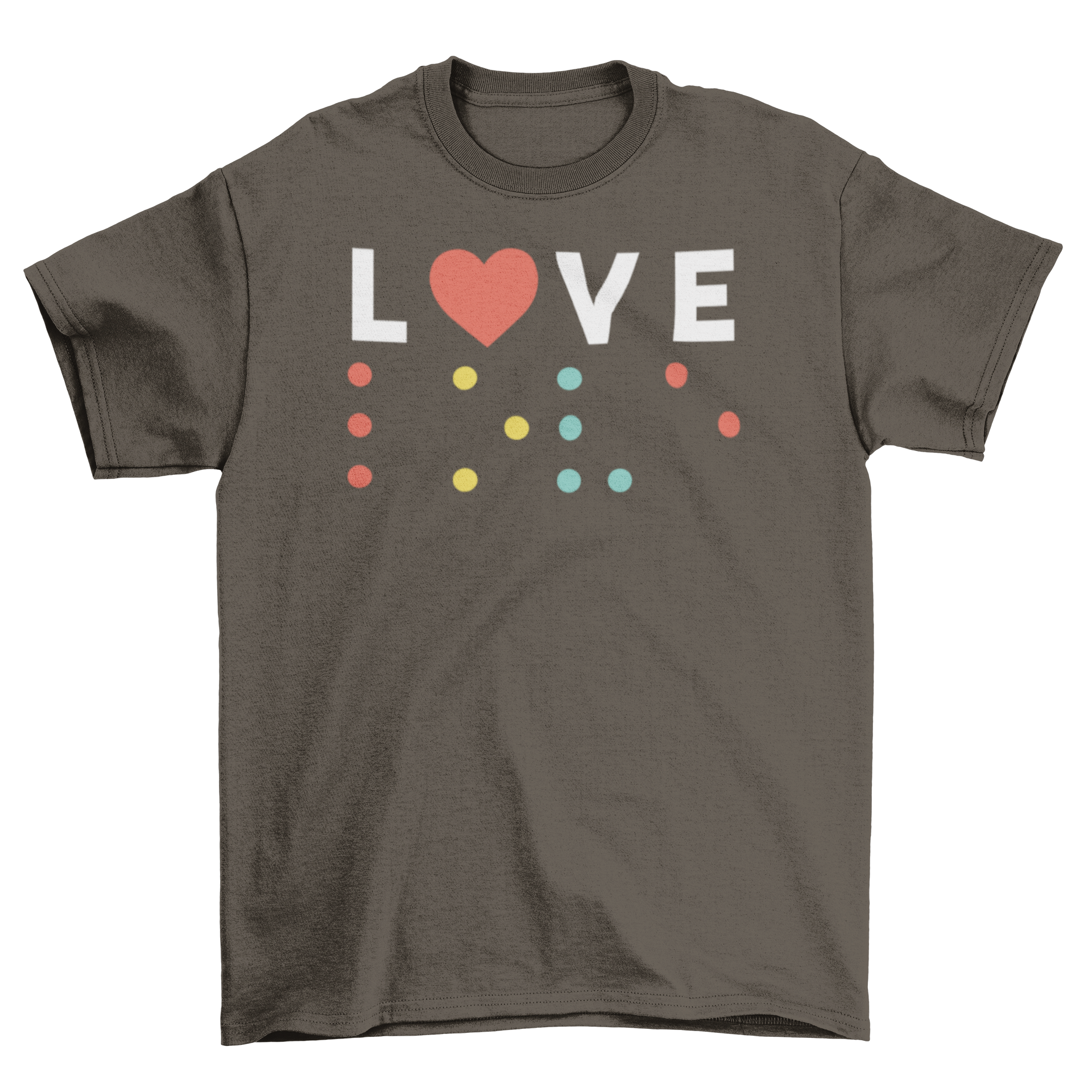 Love Braile T-shirt featuring the word 'Love' in Braille with a red heart as the letter 'O'.