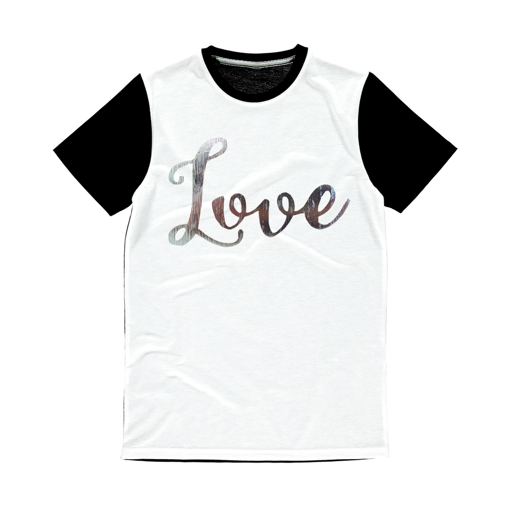 Love Classic Sublimation Panel T-Shirt featuring a vibrant front design and plain black back, perfect for sublimation printing.