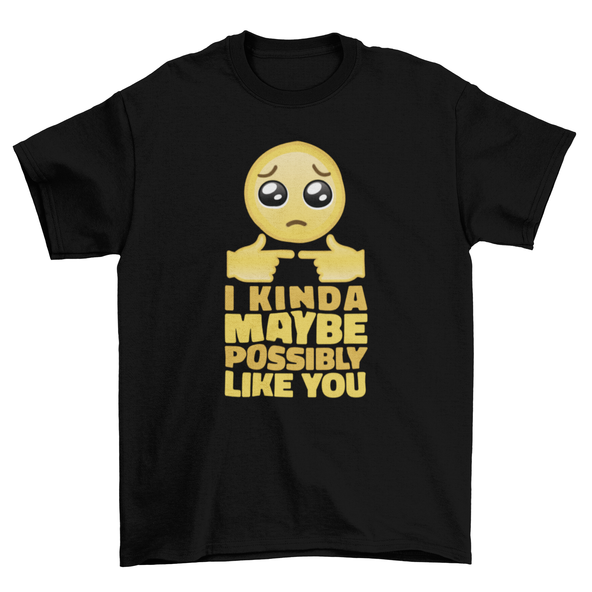 Love confession emoji t-shirt featuring a sad emoji and the quote 'I kinda maybe possibly like you' in a stylish design.