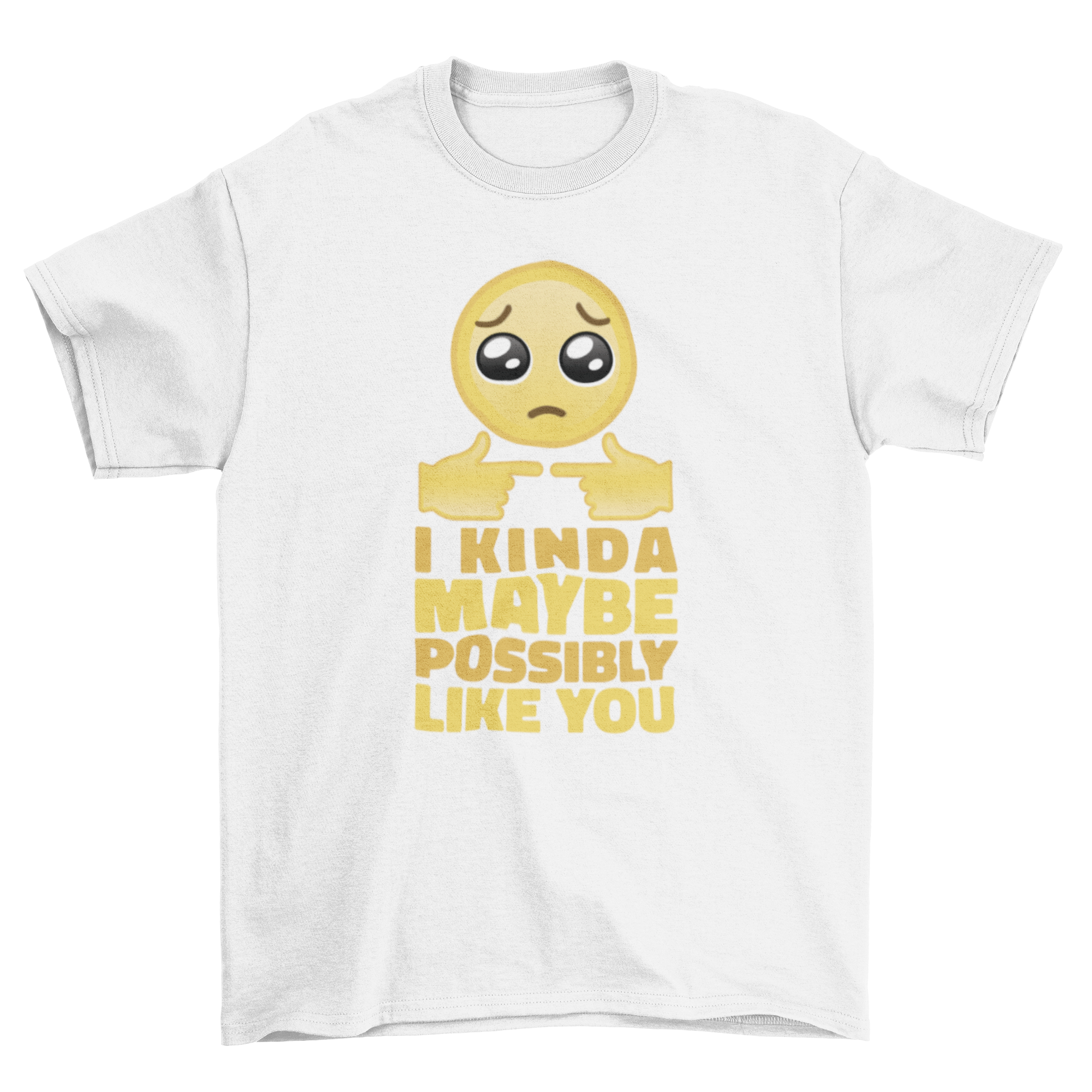 Love confession emoji t-shirt featuring a sad emoji and the quote 'I kinda maybe possibly like you' in a stylish design.