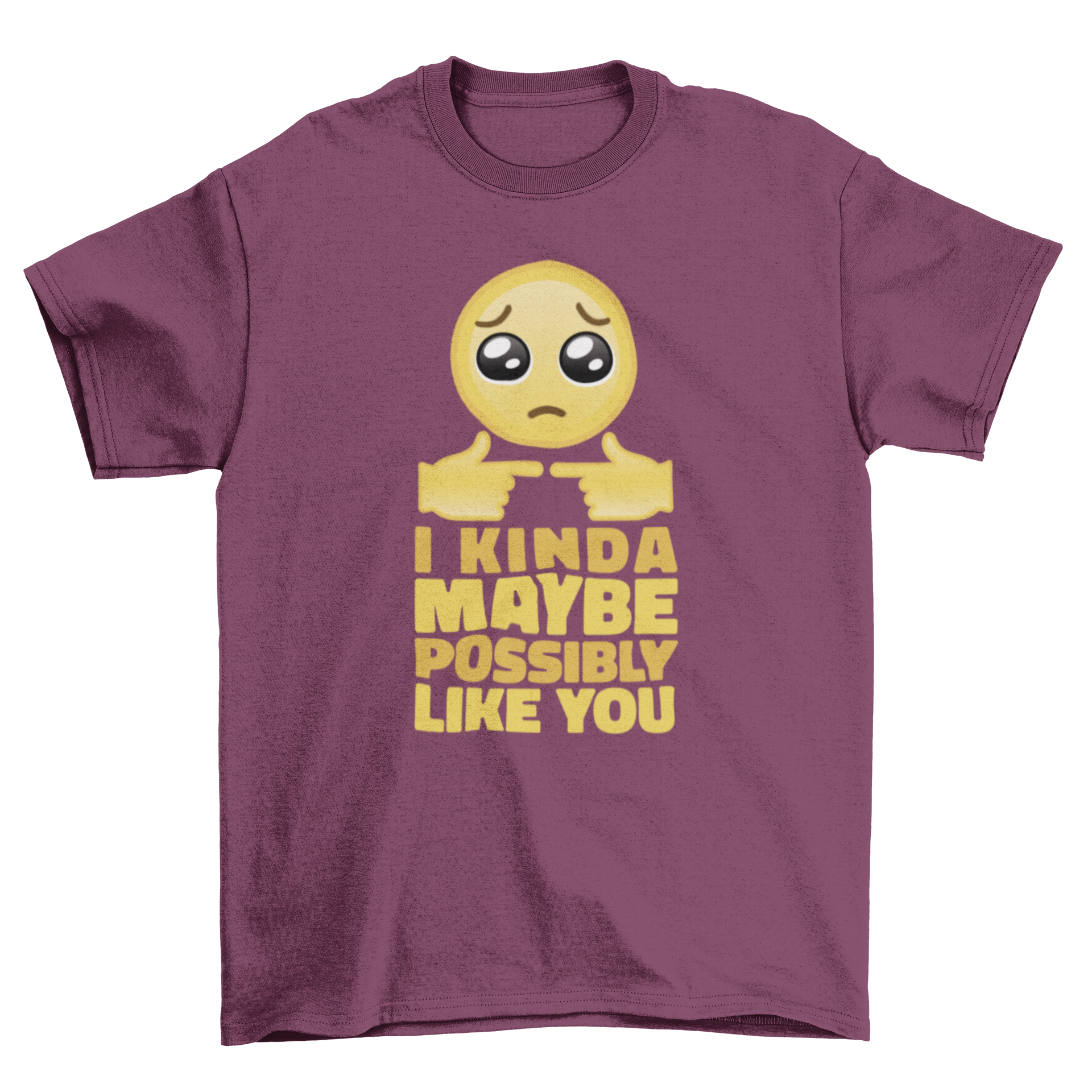 Love confession emoji t-shirt featuring a sad emoji and the quote 'I kinda maybe possibly like you' in a stylish design.