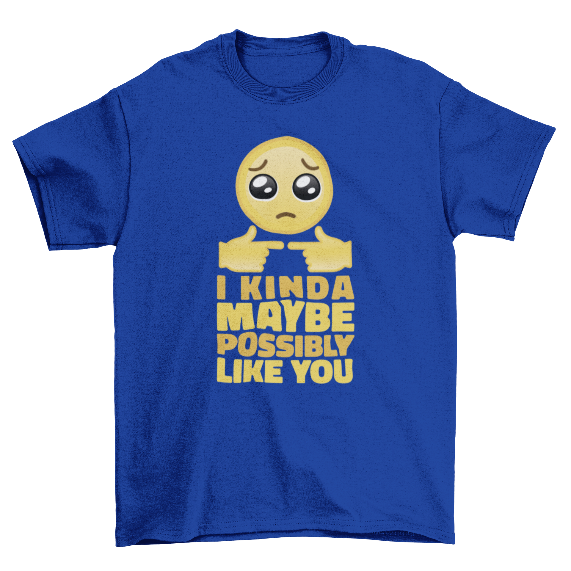 Love confession emoji t-shirt featuring a sad emoji and the quote 'I kinda maybe possibly like you' in a stylish design.