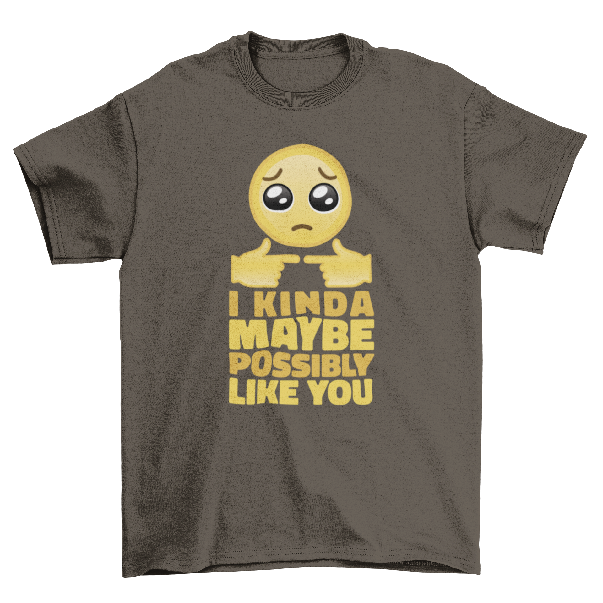 Love confession emoji t-shirt featuring a sad emoji and the quote 'I kinda maybe possibly like you' in a stylish design.