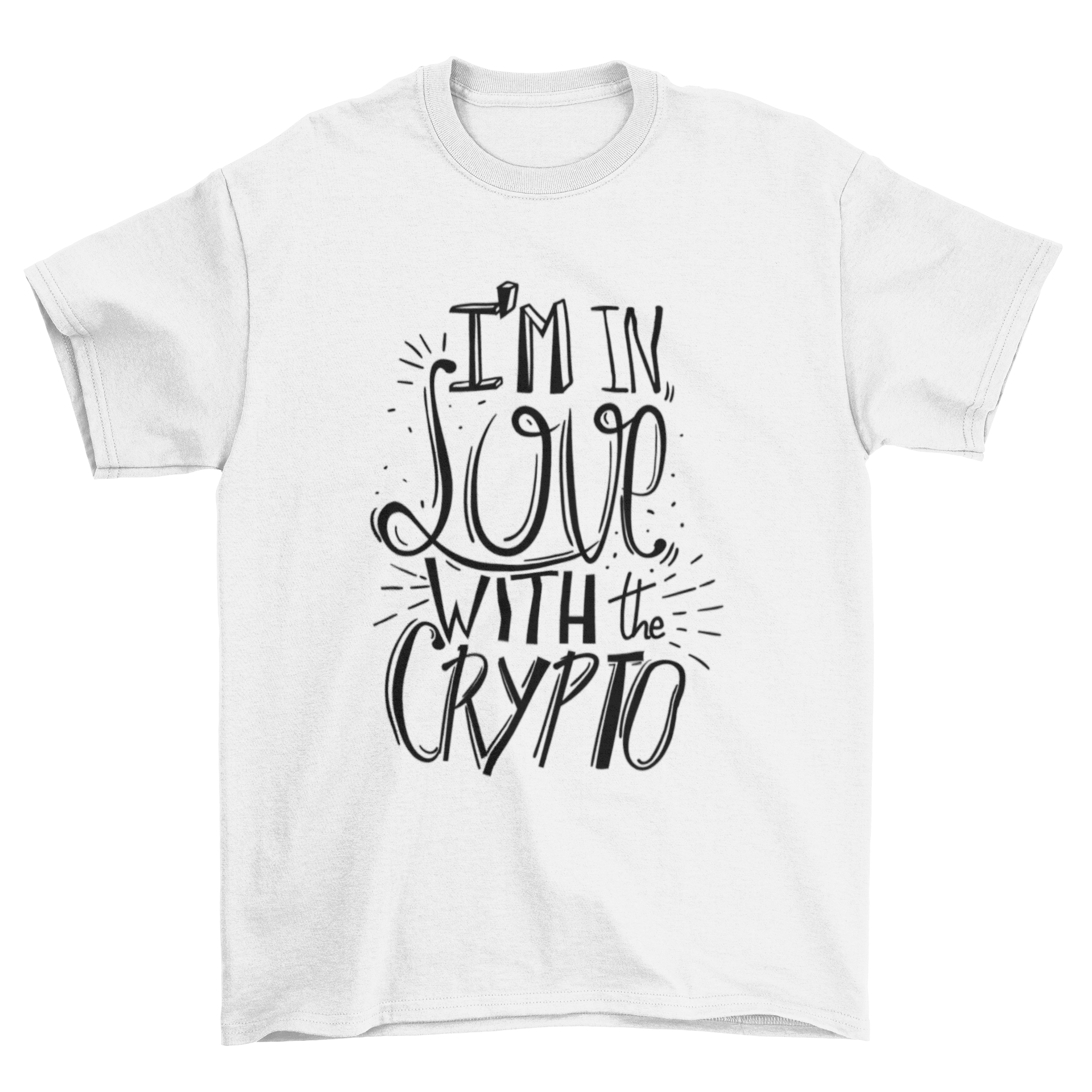 A stylish Love Crypto T-Shirt featuring a bold 'I'm in love' graphic, perfect for cryptocurrency enthusiasts.