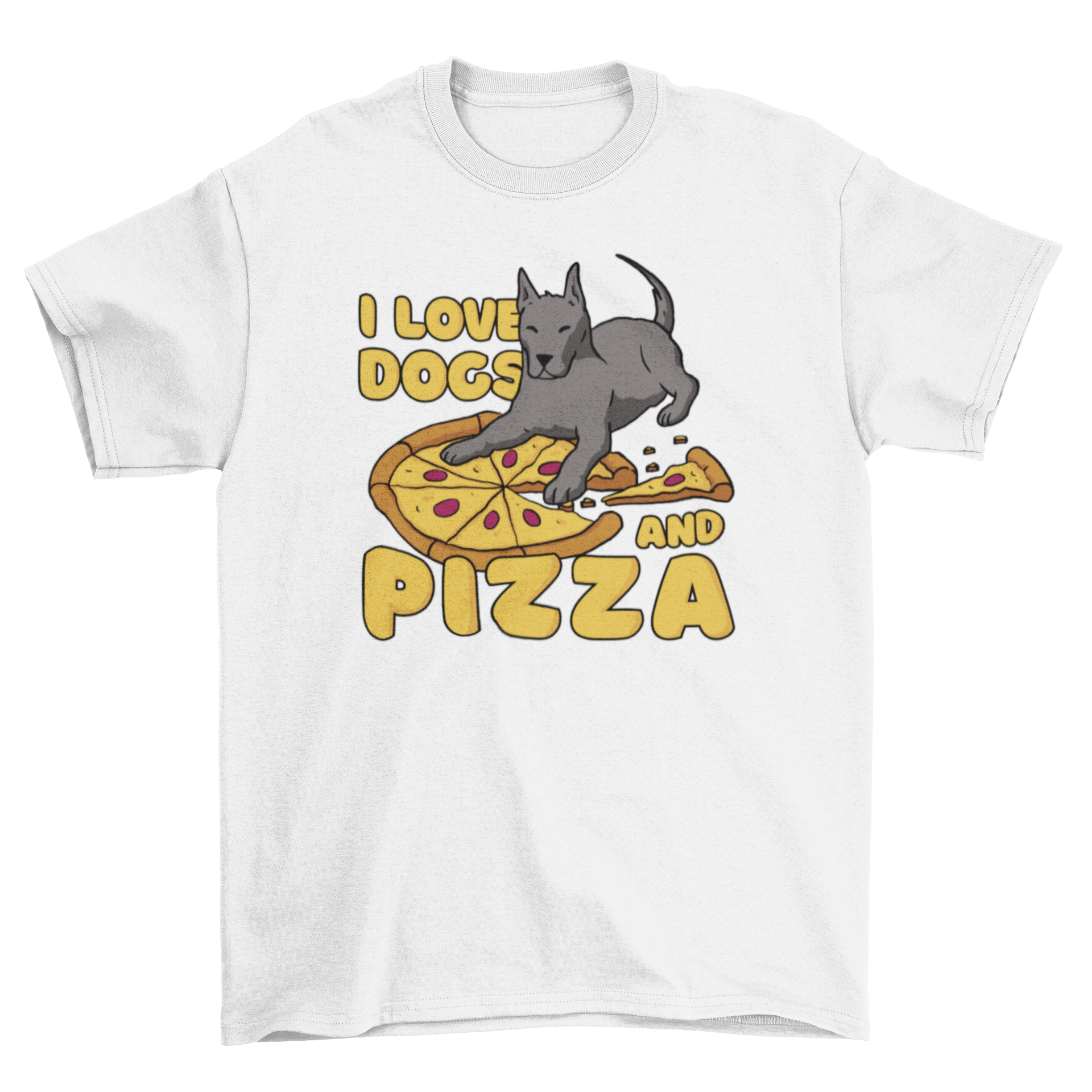 A fun t-shirt featuring a pizza slice and a cute dog with the quote 'I love dogs and pizza'.