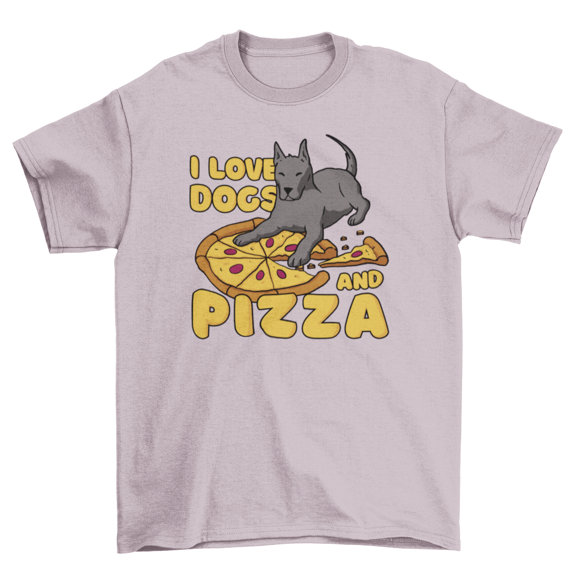 A fun t-shirt featuring a pizza slice and a cute dog with the quote 'I love dogs and pizza'.