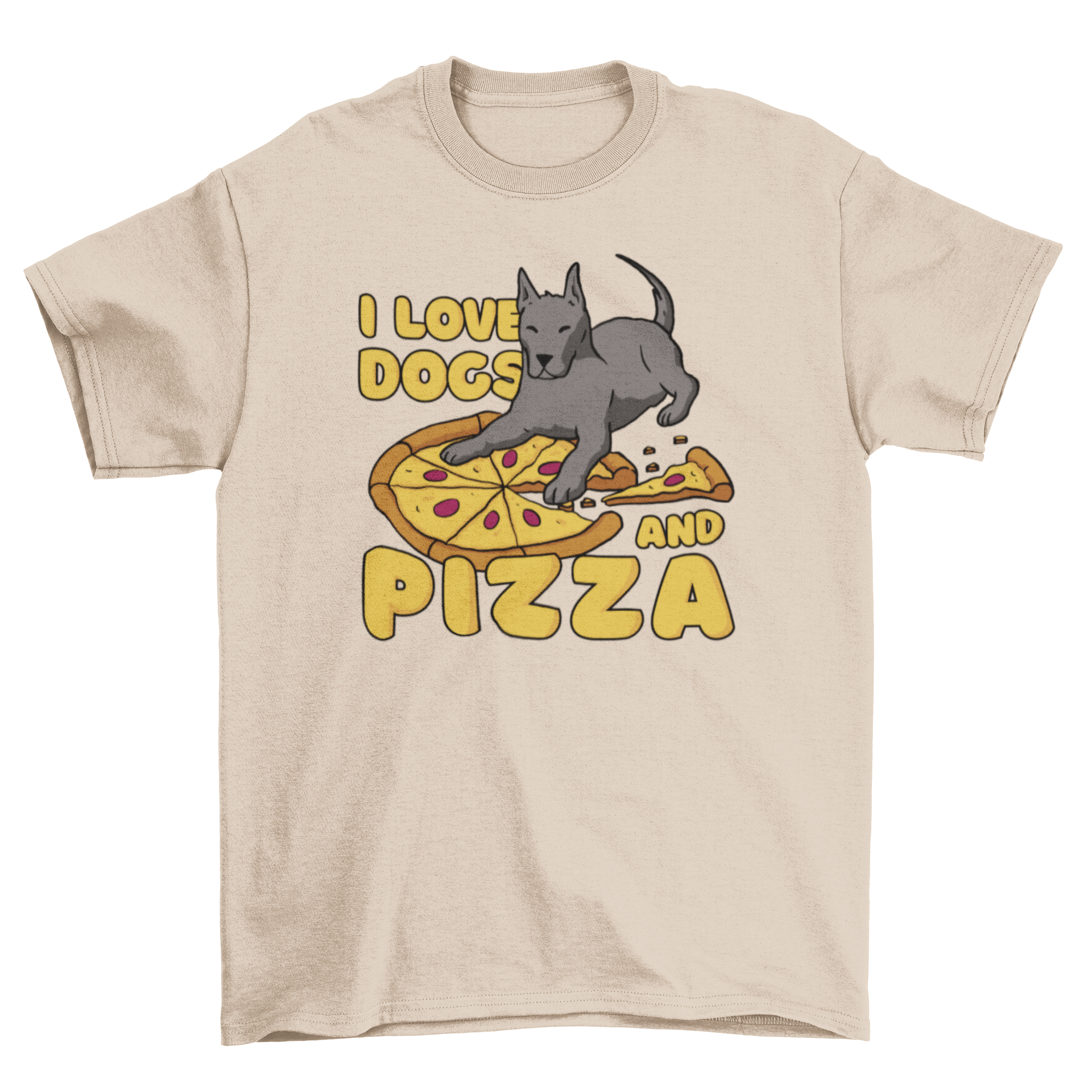 A fun t-shirt featuring a pizza slice and a cute dog with the quote 'I love dogs and pizza'.