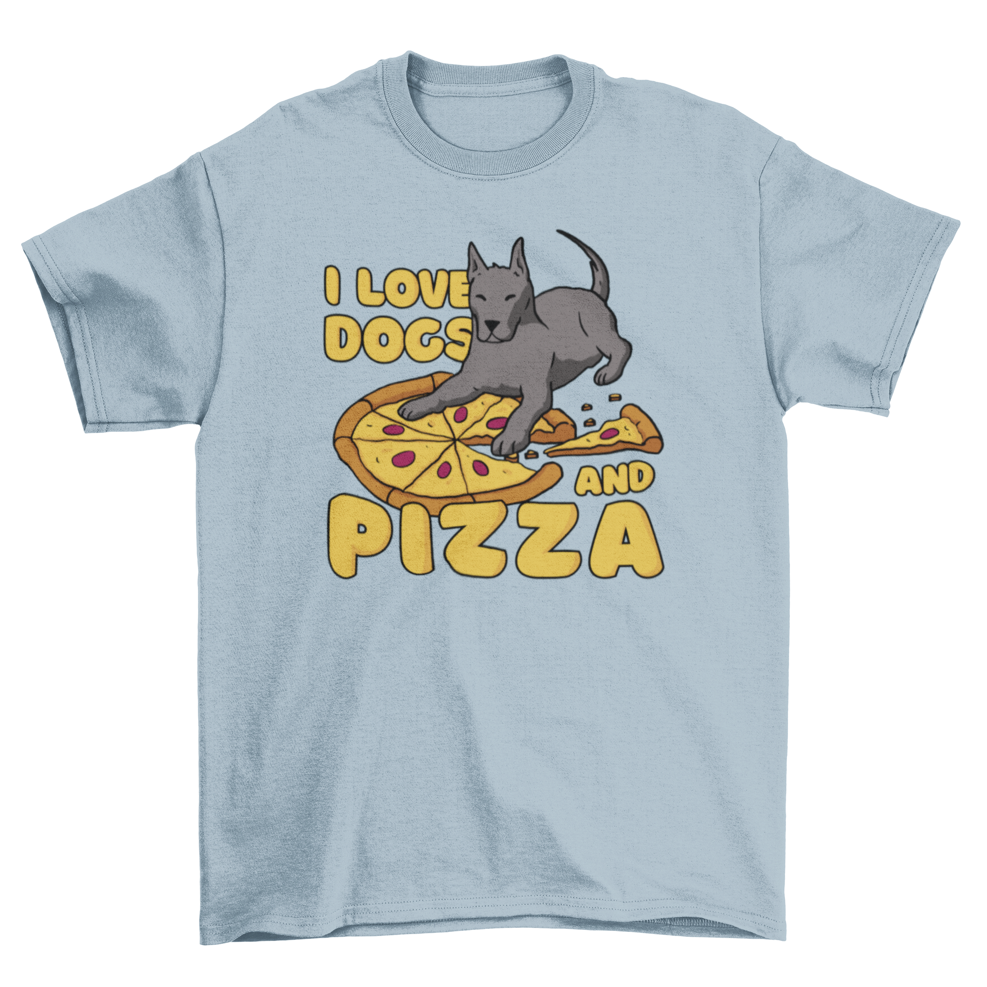 A fun t-shirt featuring a pizza slice and a cute dog with the quote 'I love dogs and pizza'.