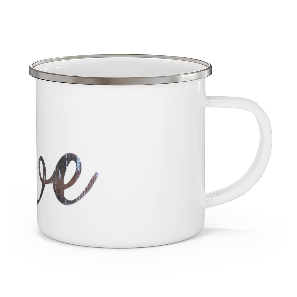 Love Enamel Camping Mug with a personalized design, perfect for outdoor adventures and stylish beverage enjoyment.