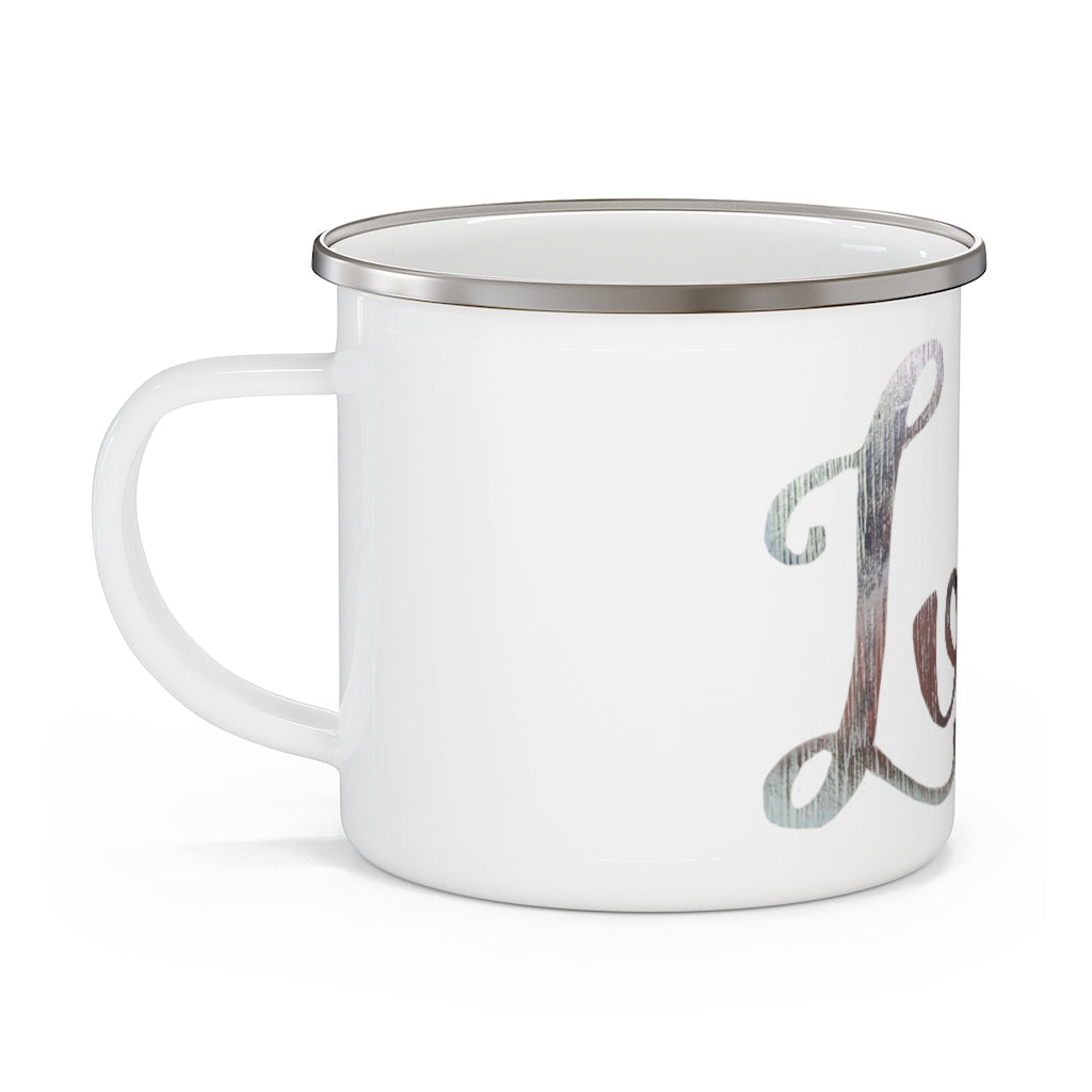 Love Enamel Camping Mug with a personalized design, perfect for outdoor adventures and stylish beverage enjoyment.