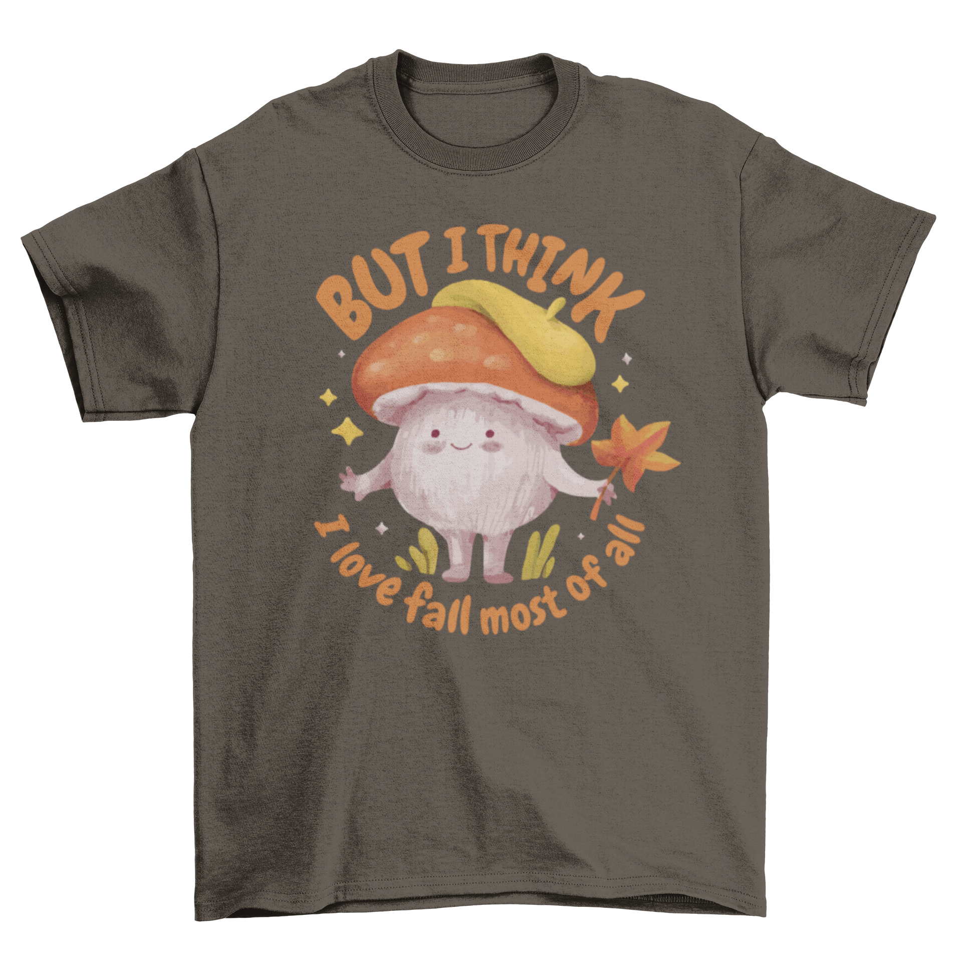 A cute t-shirt featuring a mushroom character holding an autumn leaf with a quote about loving fall.