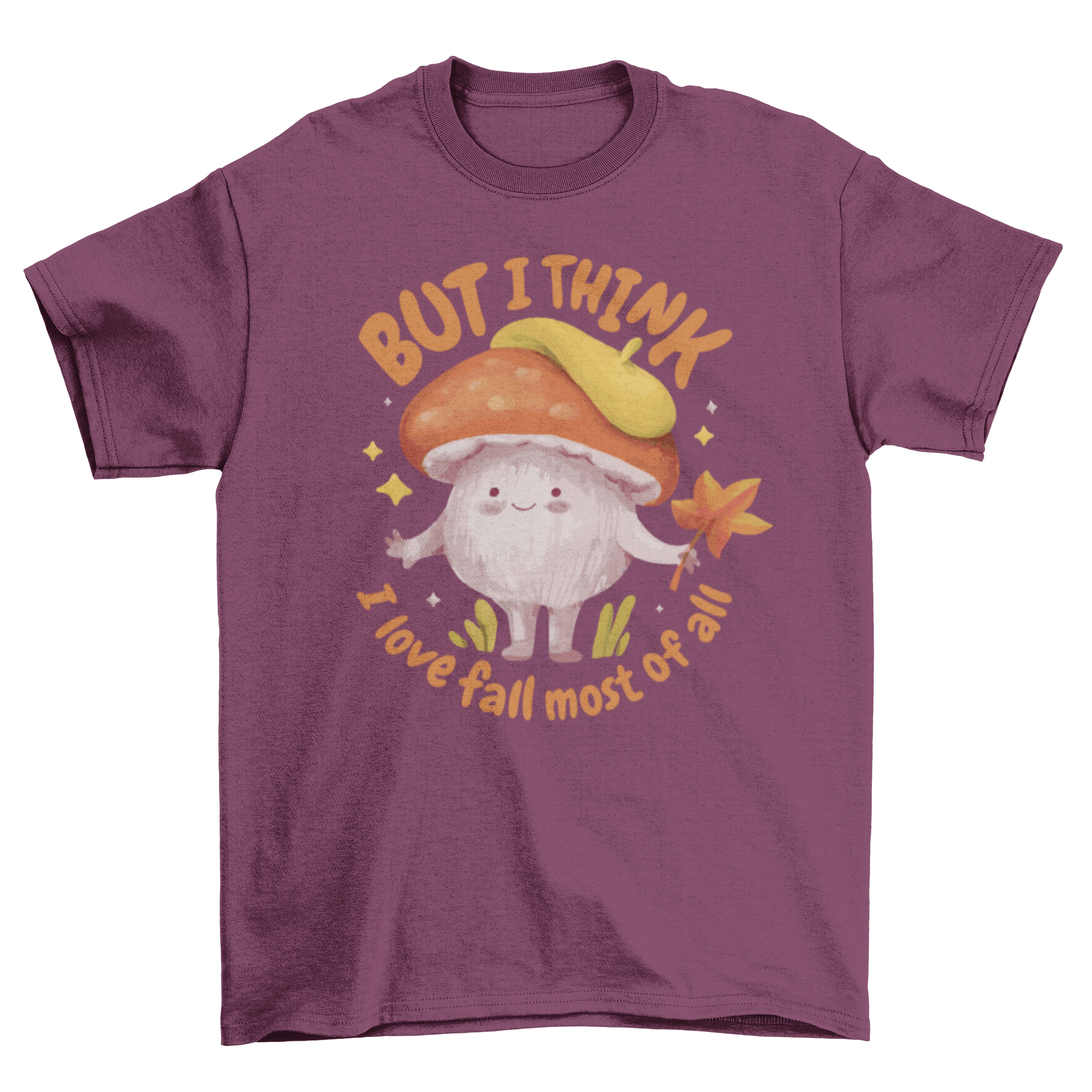 A cute t-shirt featuring a mushroom character holding an autumn leaf with a quote about loving fall.