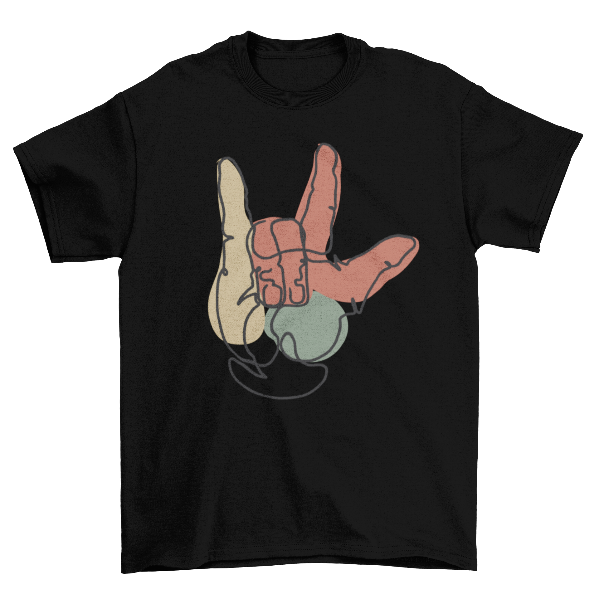 A stylish t-shirt featuring a continuous line drawing of a hand making the American sign language gesture for 'I love you'.