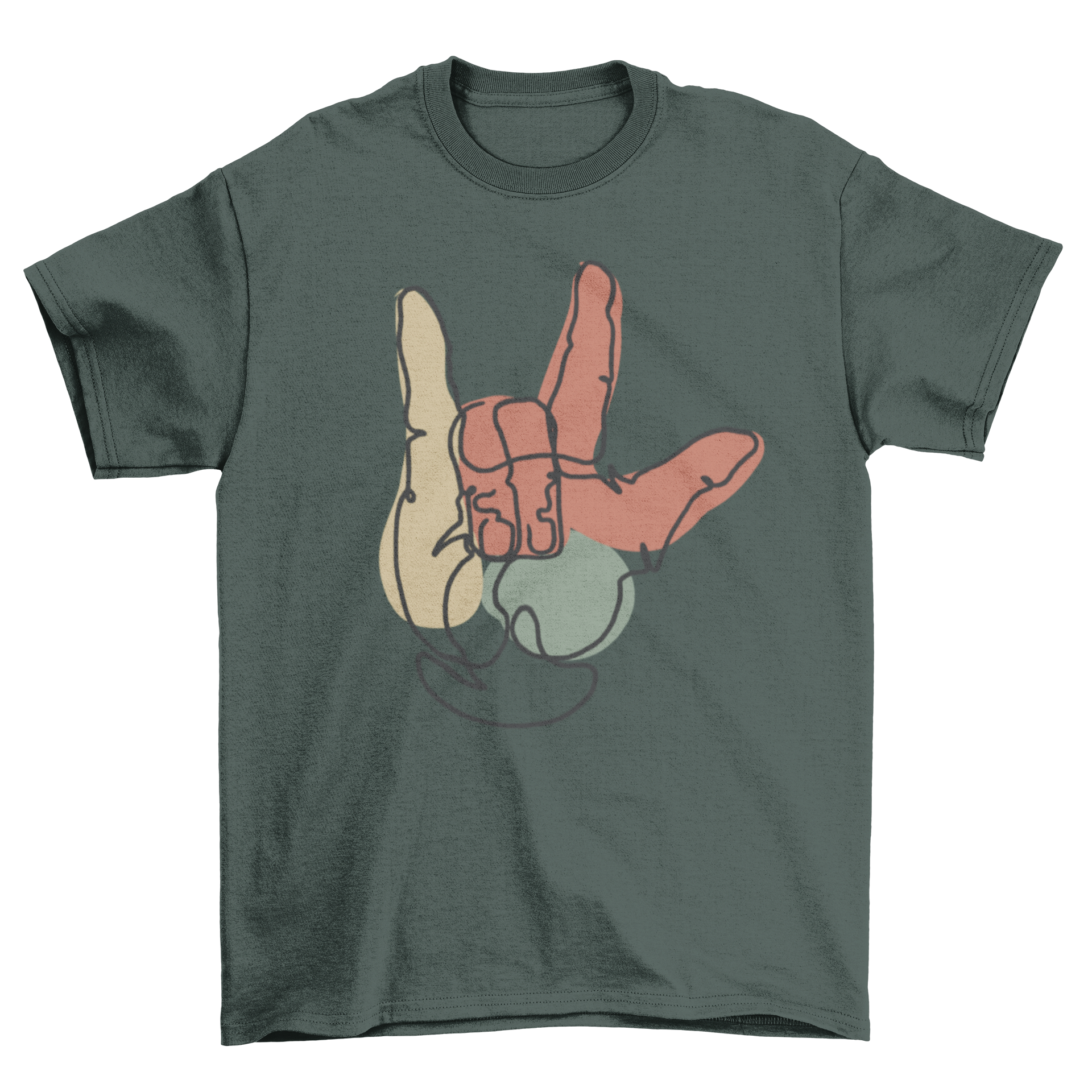 A stylish t-shirt featuring a continuous line drawing of a hand making the American sign language gesture for 'I love you'.