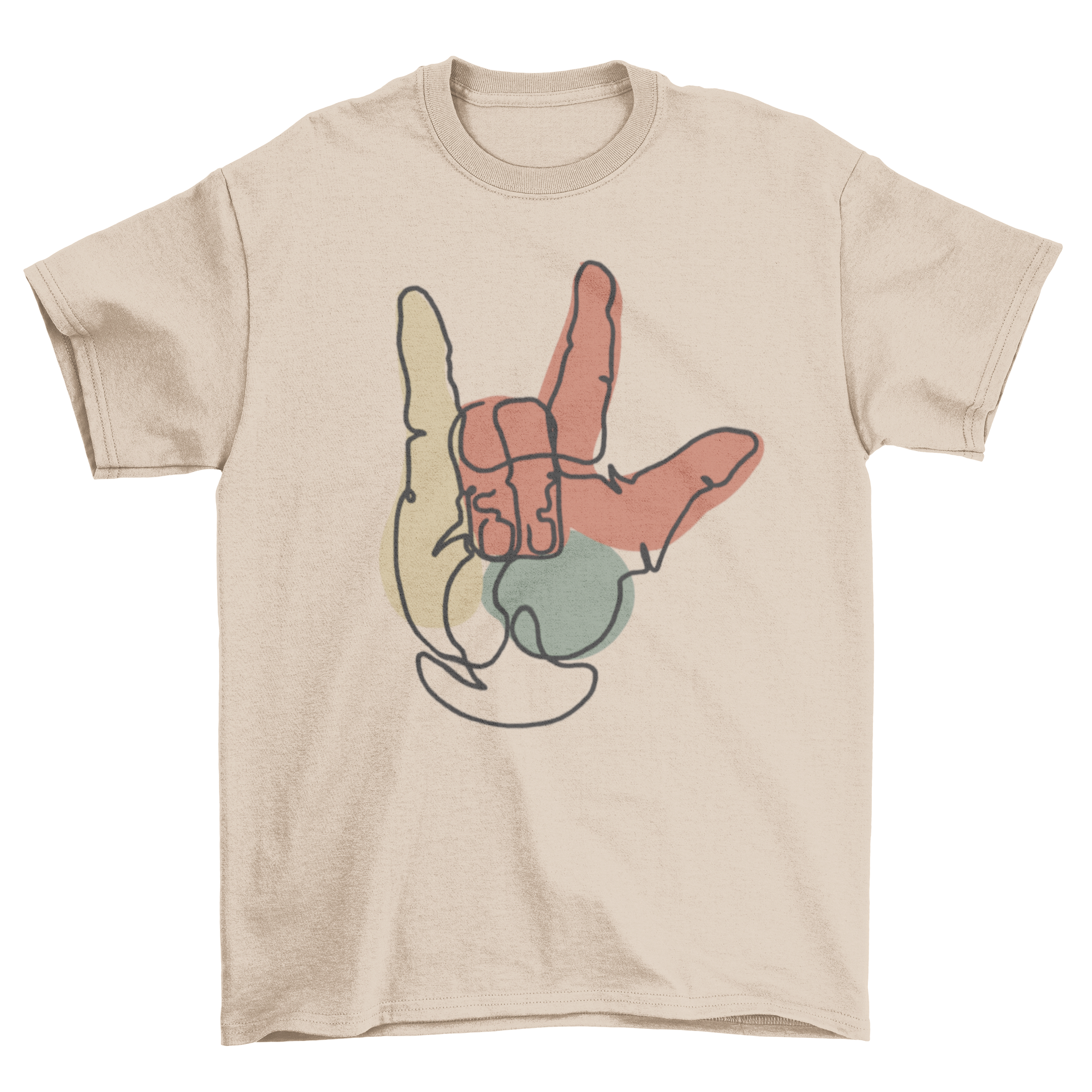 A stylish t-shirt featuring a continuous line drawing of a hand making the American sign language gesture for 'I love you'.