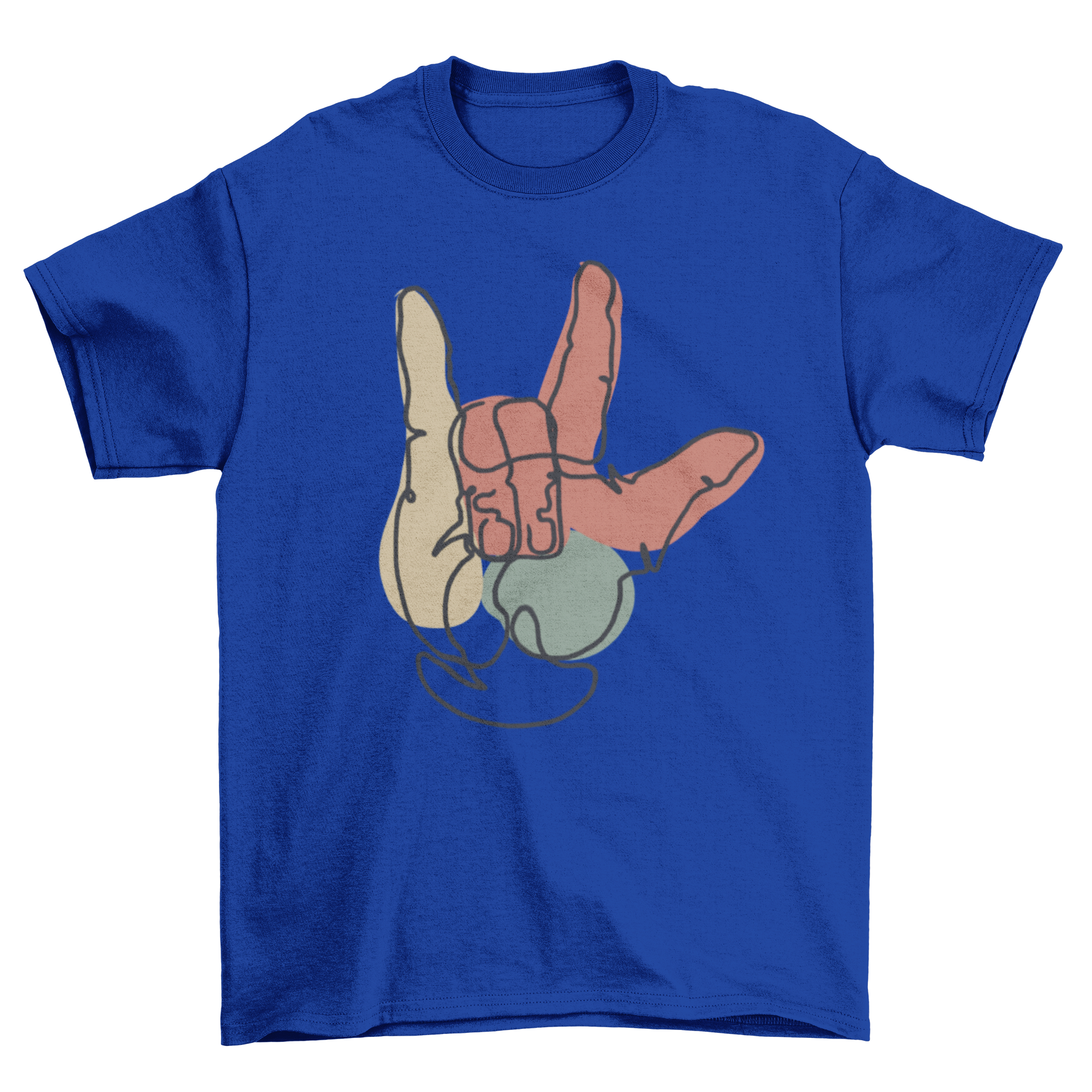 A stylish t-shirt featuring a continuous line drawing of a hand making the American sign language gesture for 'I love you'.