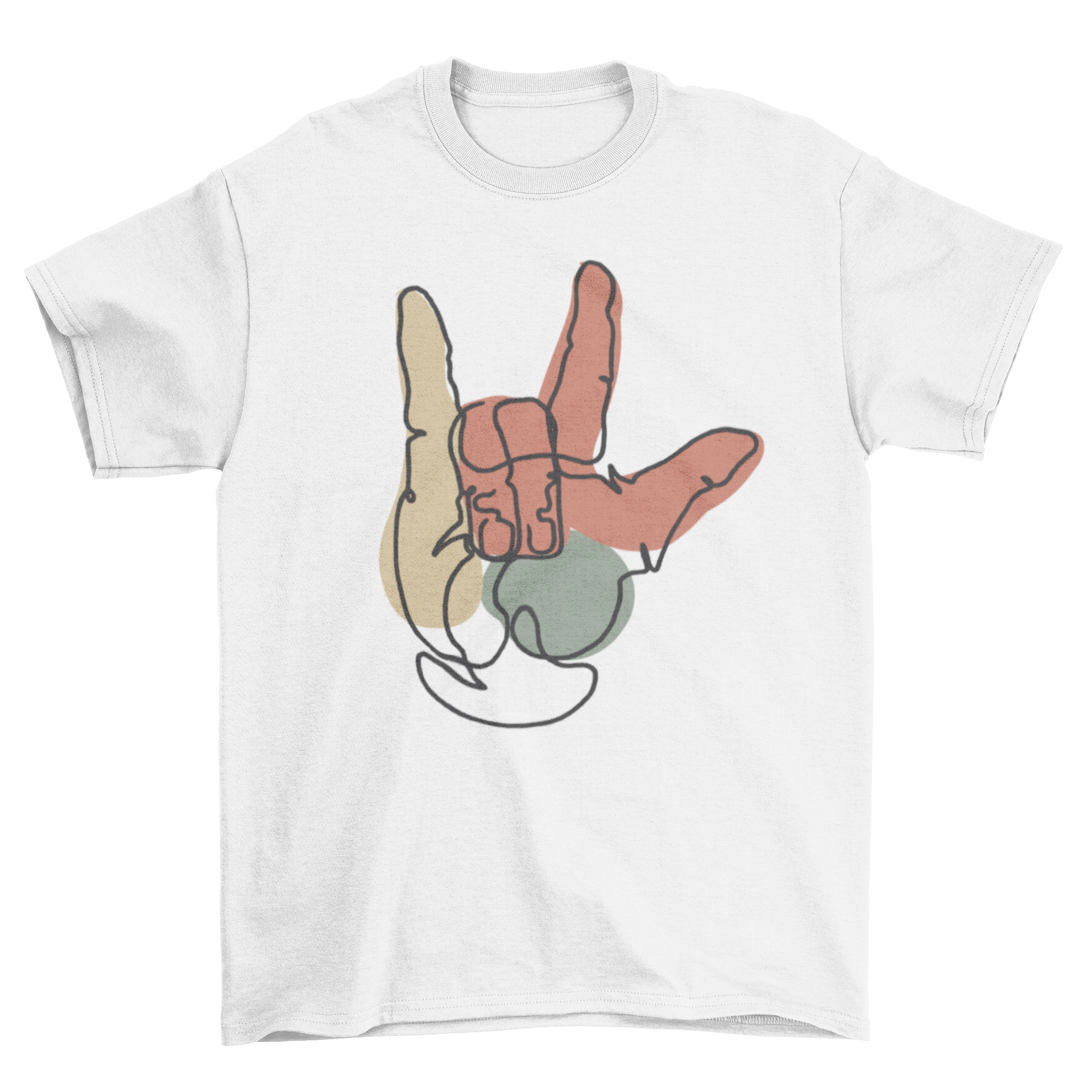 A stylish t-shirt featuring a continuous line drawing of a hand making the American sign language gesture for 'I love you'.