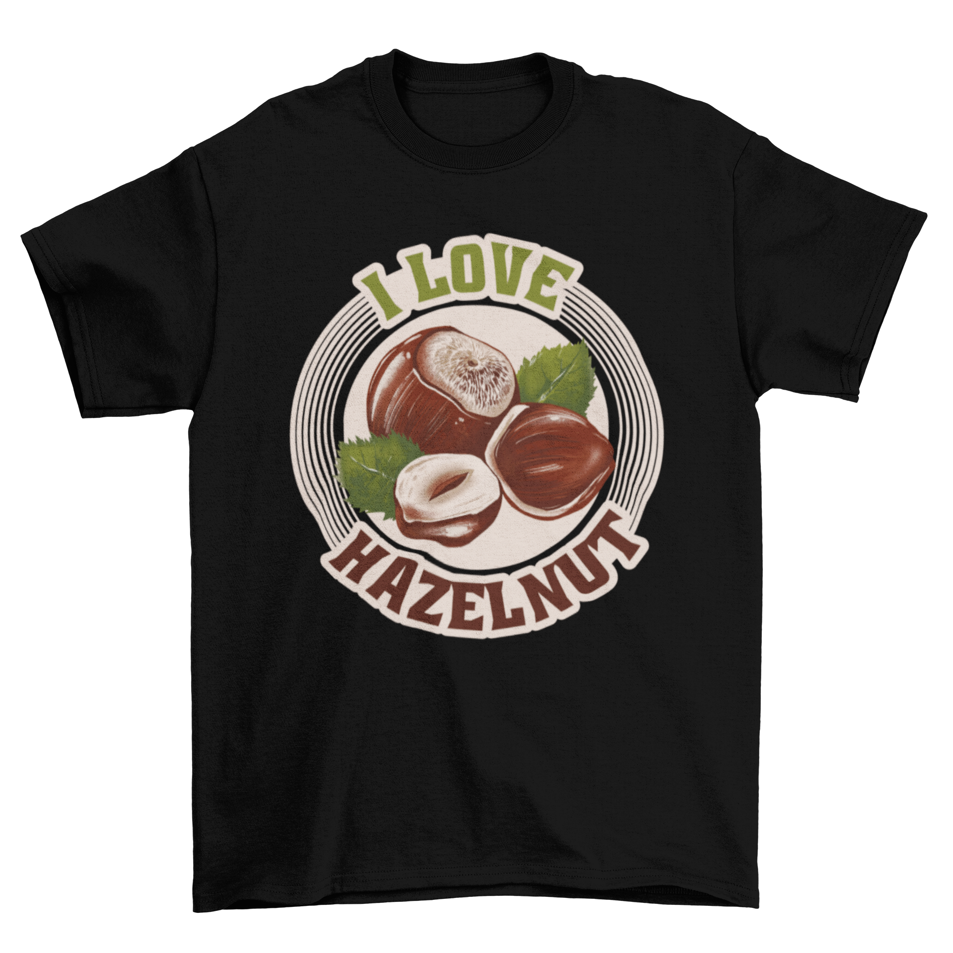 A stylish t-shirt featuring the quote 'I love hazelnut' with a creative hazelnut design.