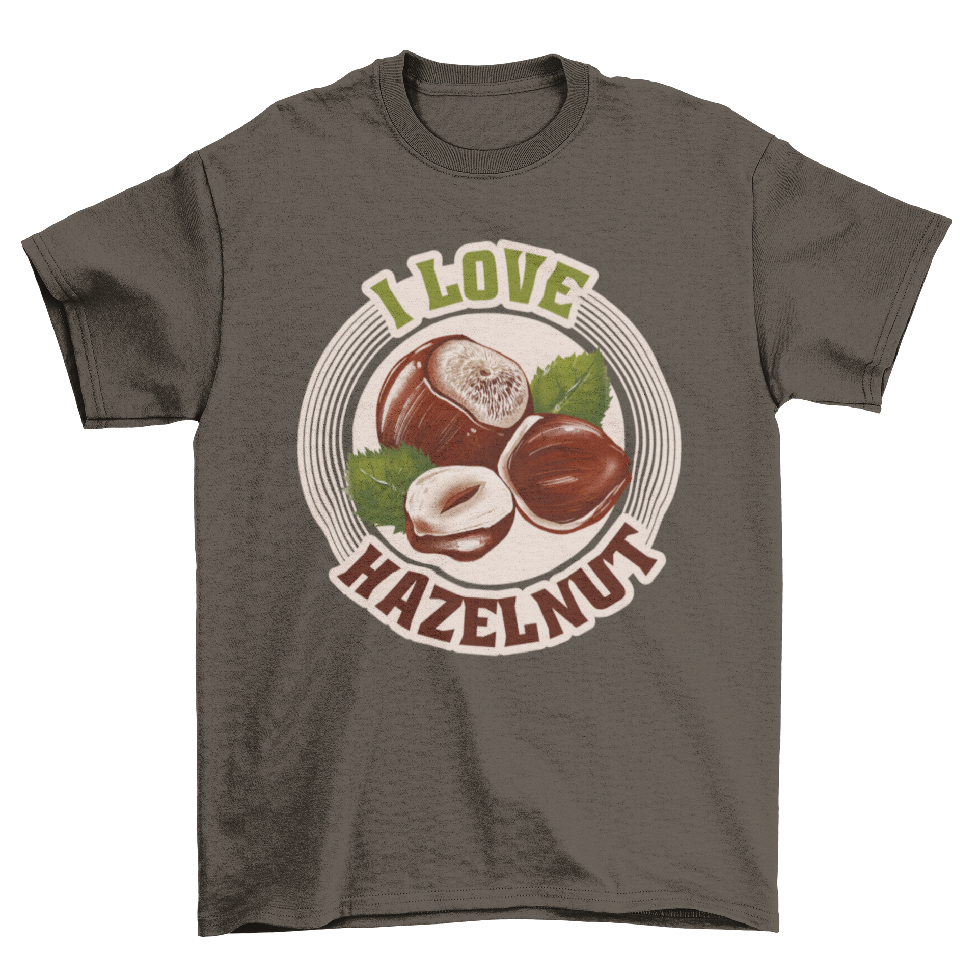 A stylish t-shirt featuring the quote 'I love hazelnut' with a creative hazelnut design.