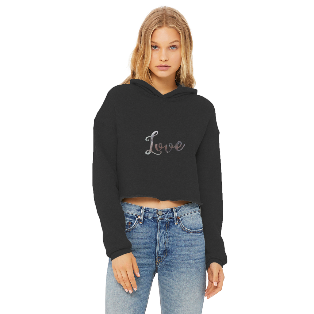 Love Ladies Cropped Raw Edge Hoodie featuring a stylish cropped design, raw edge hem, and soft cotton fabric in various colors.