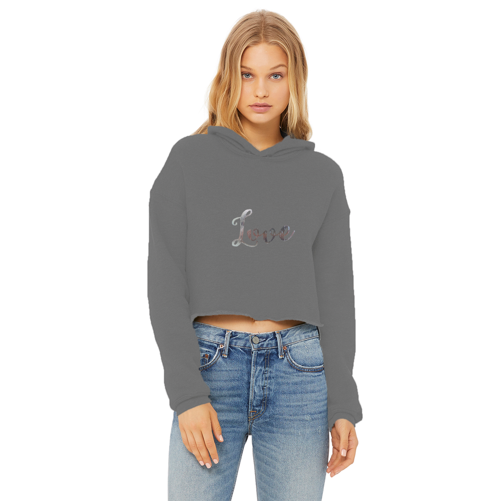 Love Ladies Cropped Raw Edge Hoodie featuring a stylish cropped design, raw edge hem, and soft cotton fabric in various colors.