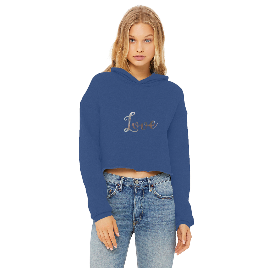 Love Ladies Cropped Raw Edge Hoodie featuring a stylish cropped design, raw edge hem, and soft cotton fabric in various colors.