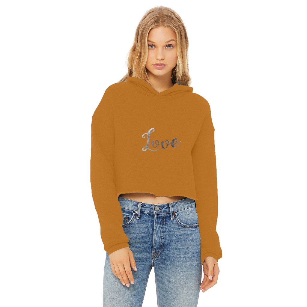 Love Ladies Cropped Raw Edge Hoodie featuring a stylish cropped design, raw edge hem, and soft cotton fabric in various colors.