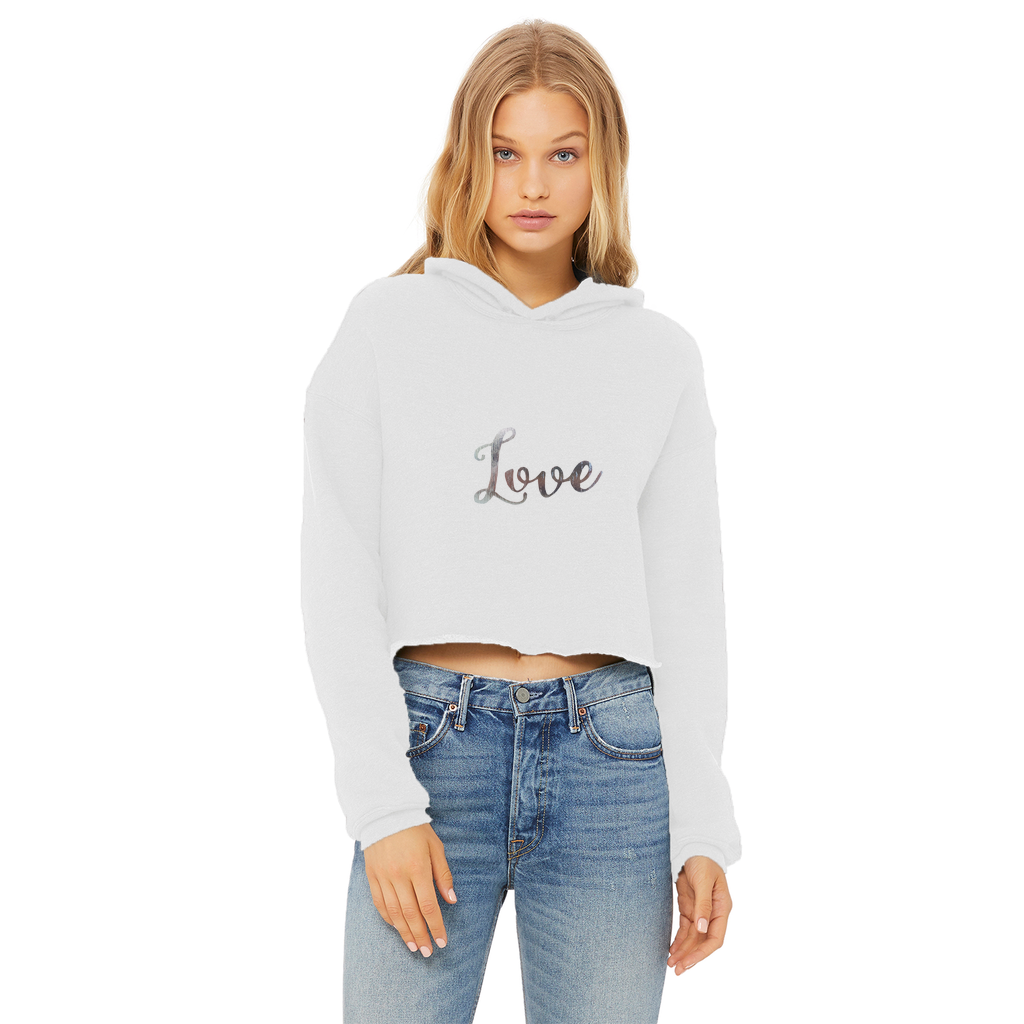 Love Ladies Cropped Raw Edge Hoodie featuring a stylish cropped design, raw edge hem, and soft cotton fabric in various colors.