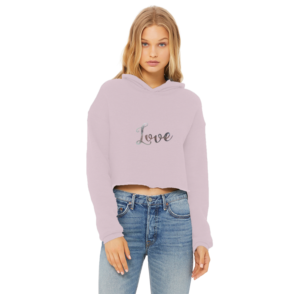 Love Ladies Cropped Raw Edge Hoodie featuring a stylish cropped design, raw edge hem, and soft cotton fabric in various colors.