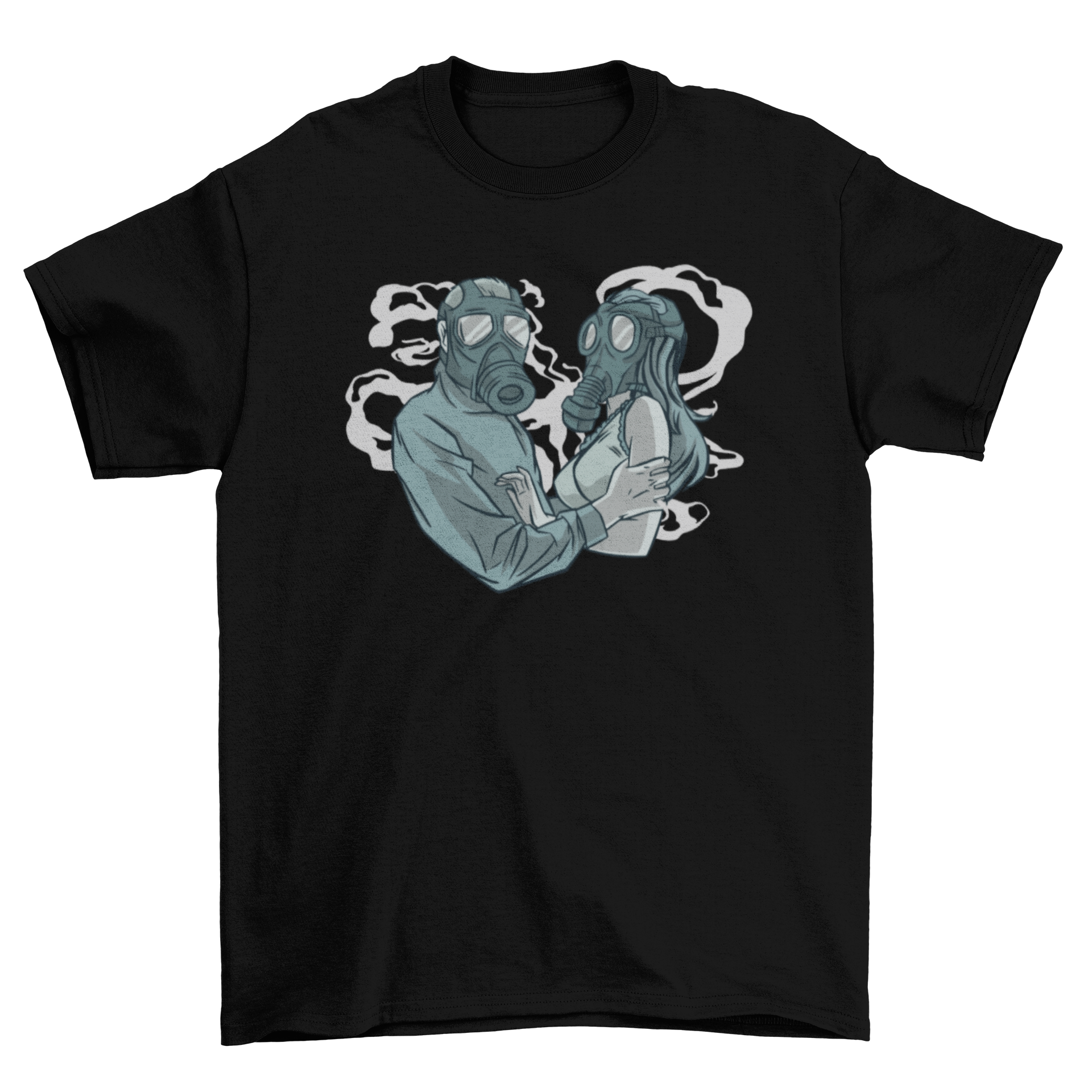 A unique Love Mask T-Shirt featuring a couple in gas masks, showcasing a creepy and artistic design.