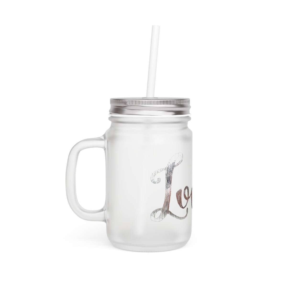 A personalized Love Mason Jar made of frosted glass, featuring a straw and lid, perfect for drinks.