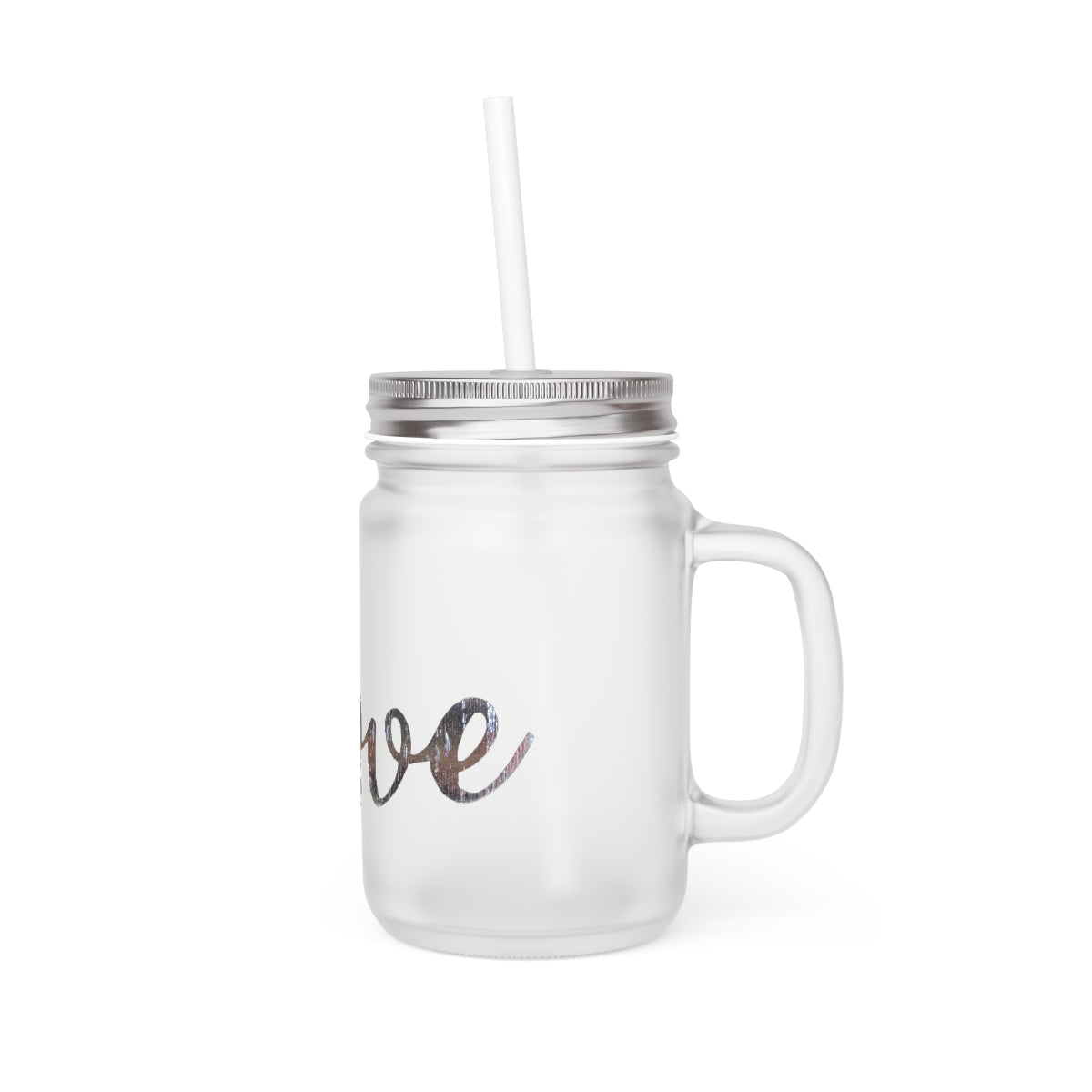 A personalized Love Mason Jar made of frosted glass, featuring a straw and lid, perfect for drinks.