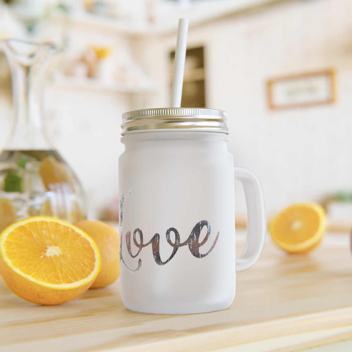 A personalized Love Mason Jar made of frosted glass, featuring a straw and lid, perfect for drinks.