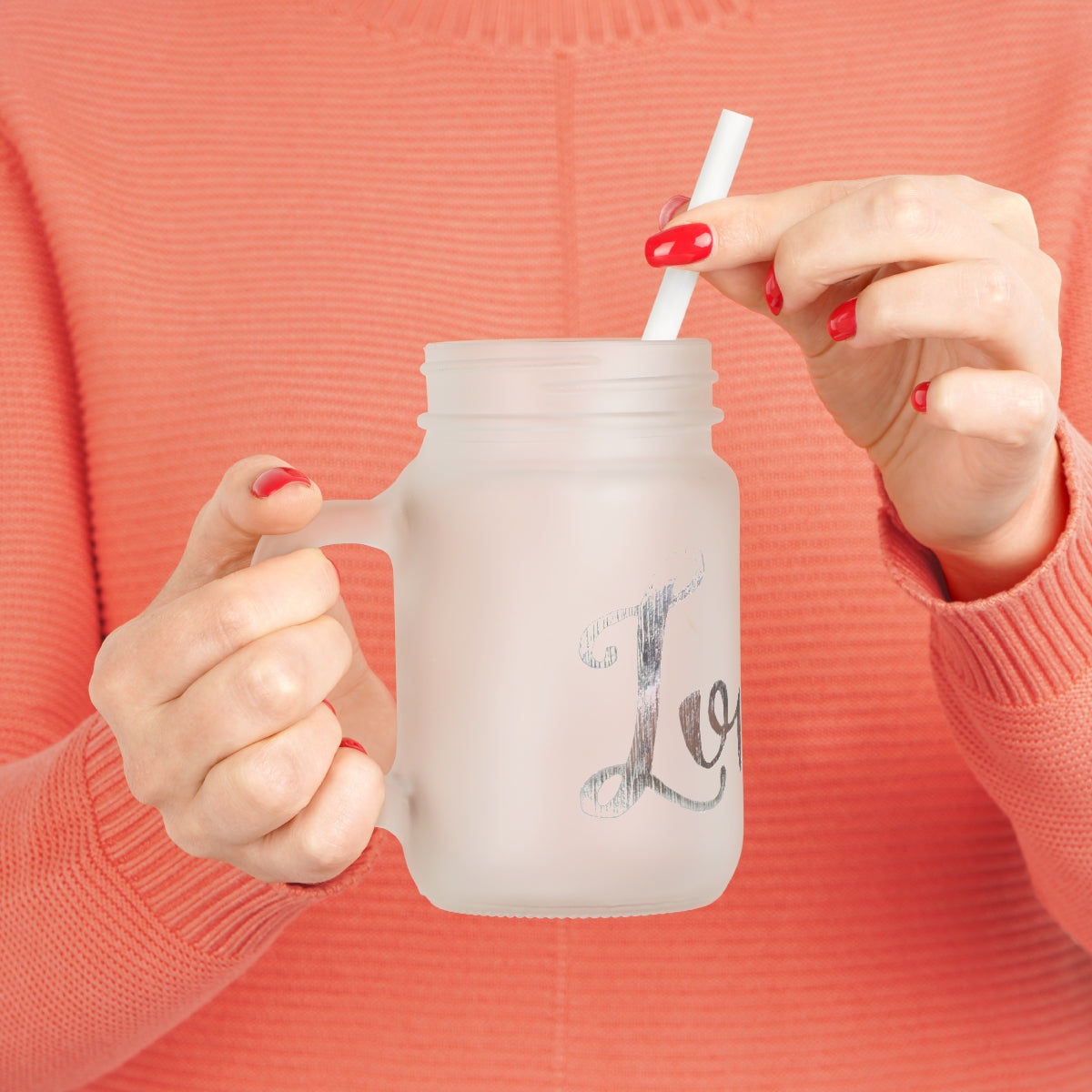 A personalized Love Mason Jar made of frosted glass, featuring a straw and lid, perfect for drinks.