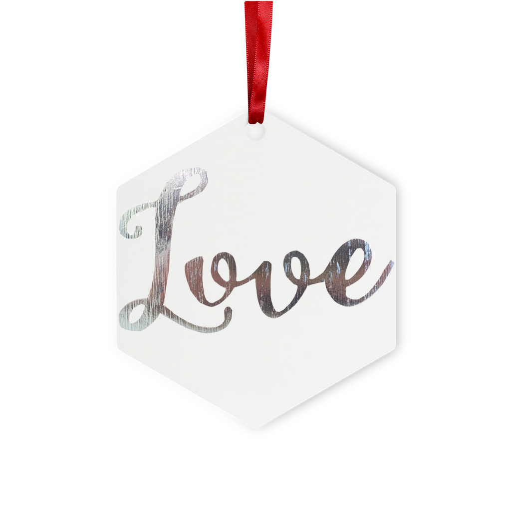 Love Metal Hanging Ornament in hexagon and star shapes, featuring a glossy white finish, red ribbon, and gold string, beautifully packaged.