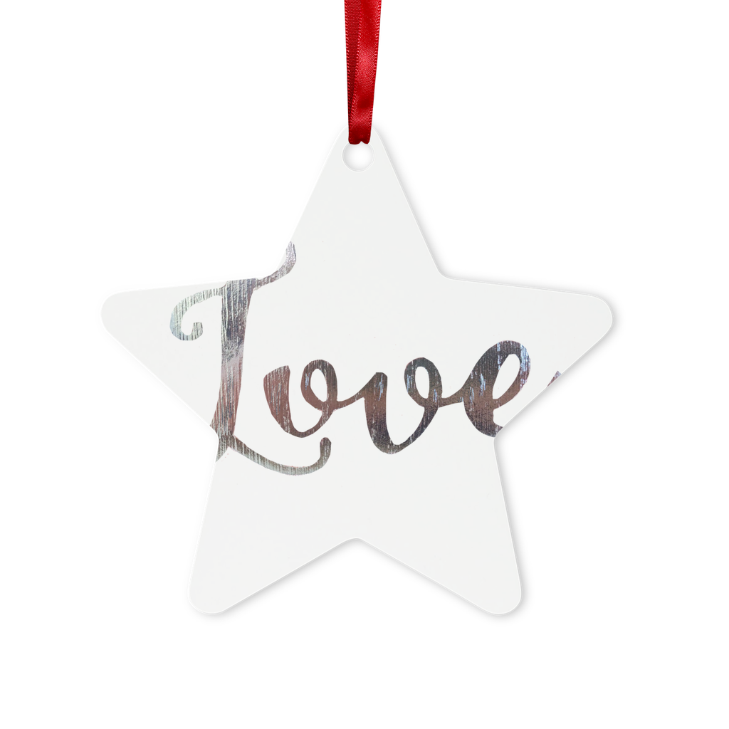 Love Metal Hanging Ornament in hexagon and star shapes, featuring a glossy white finish, red ribbon, and gold string, beautifully packaged.