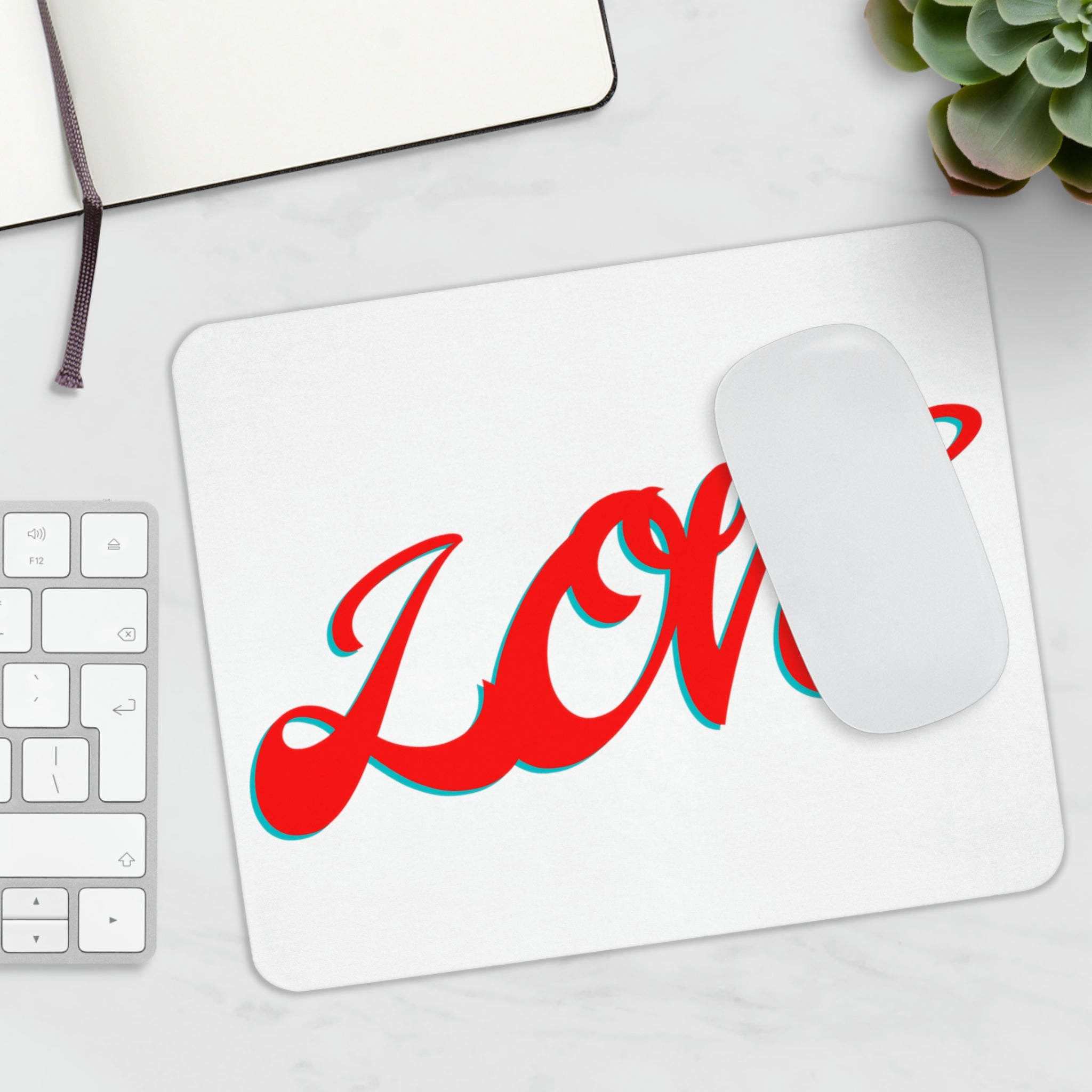 A stylish Love Mouse Pad featuring a vibrant design, made of durable neoprene with a non-slip surface, perfect for enhancing any desk.