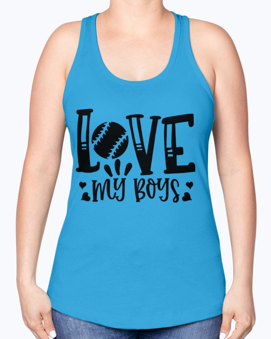 Love My Boys Baseball Racerback Tank in a stylish design, showcasing a soft cotton blend fabric perfect for baseball fans.