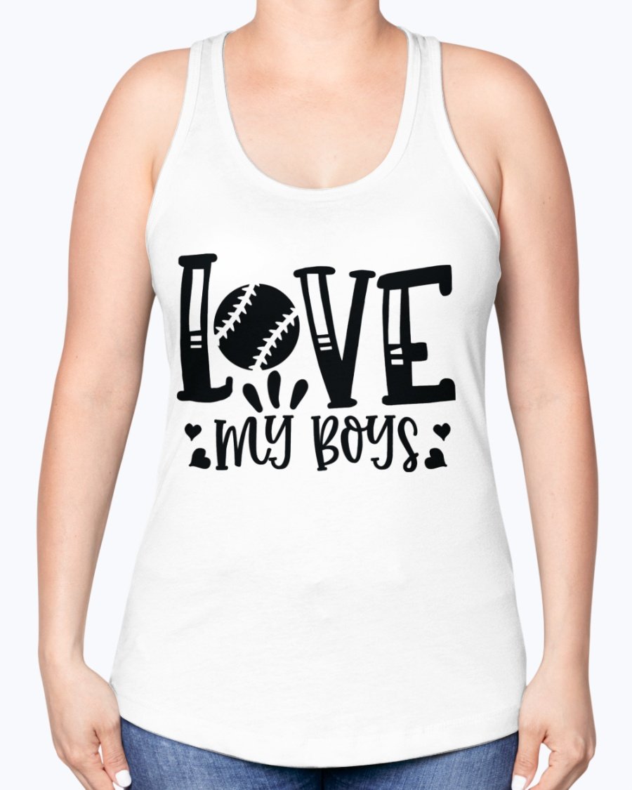 Love My Boys Baseball Racerback Tank in a stylish design, showcasing a soft cotton blend fabric perfect for baseball fans.