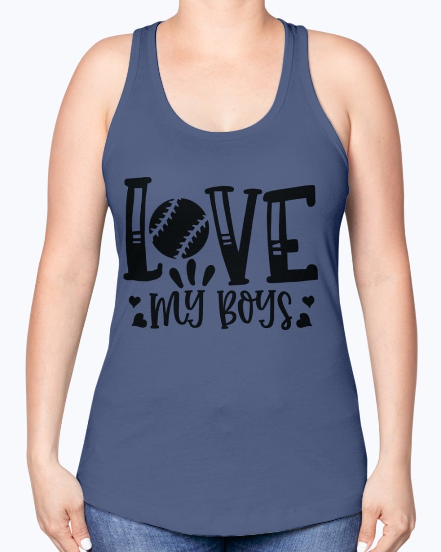 Love My Boys Baseball Racerback Tank in a stylish design, showcasing a soft cotton blend fabric perfect for baseball fans.