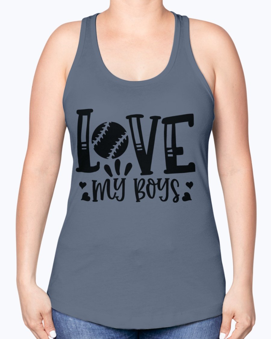 Love My Boys Baseball Racerback Tank in a stylish design, showcasing a soft cotton blend fabric perfect for baseball fans.