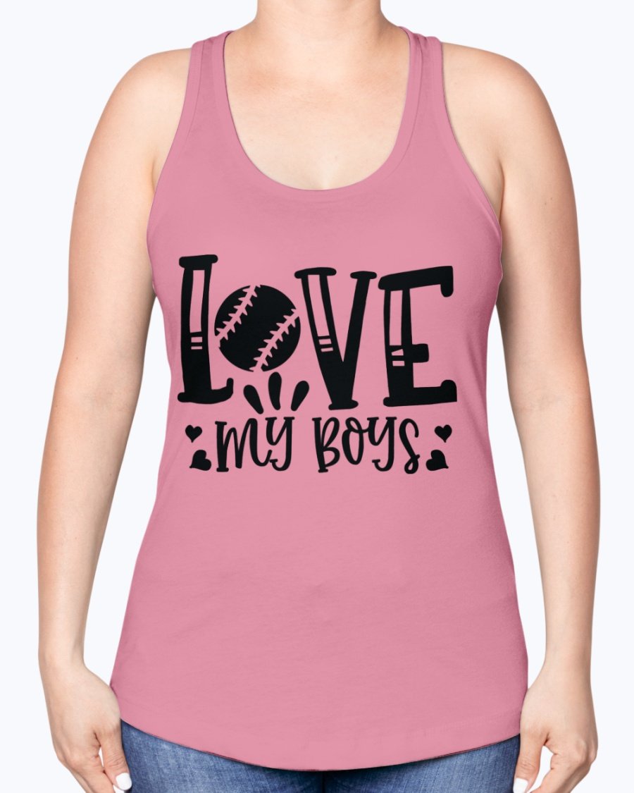 Love My Boys Baseball Racerback Tank in a stylish design, showcasing a soft cotton blend fabric perfect for baseball fans.