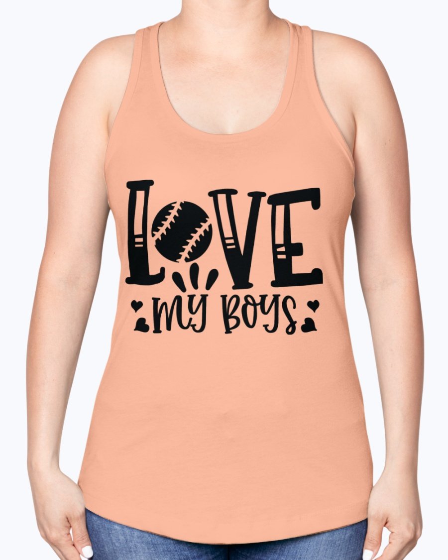 Love My Boys Baseball Racerback Tank in a stylish design, showcasing a soft cotton blend fabric perfect for baseball fans.