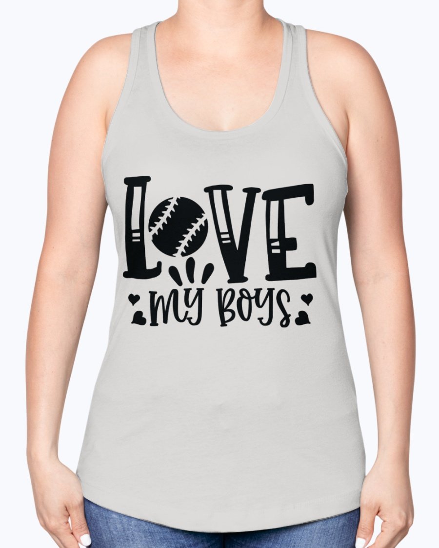 Love My Boys Baseball Racerback Tank in a stylish design, showcasing a soft cotton blend fabric perfect for baseball fans.