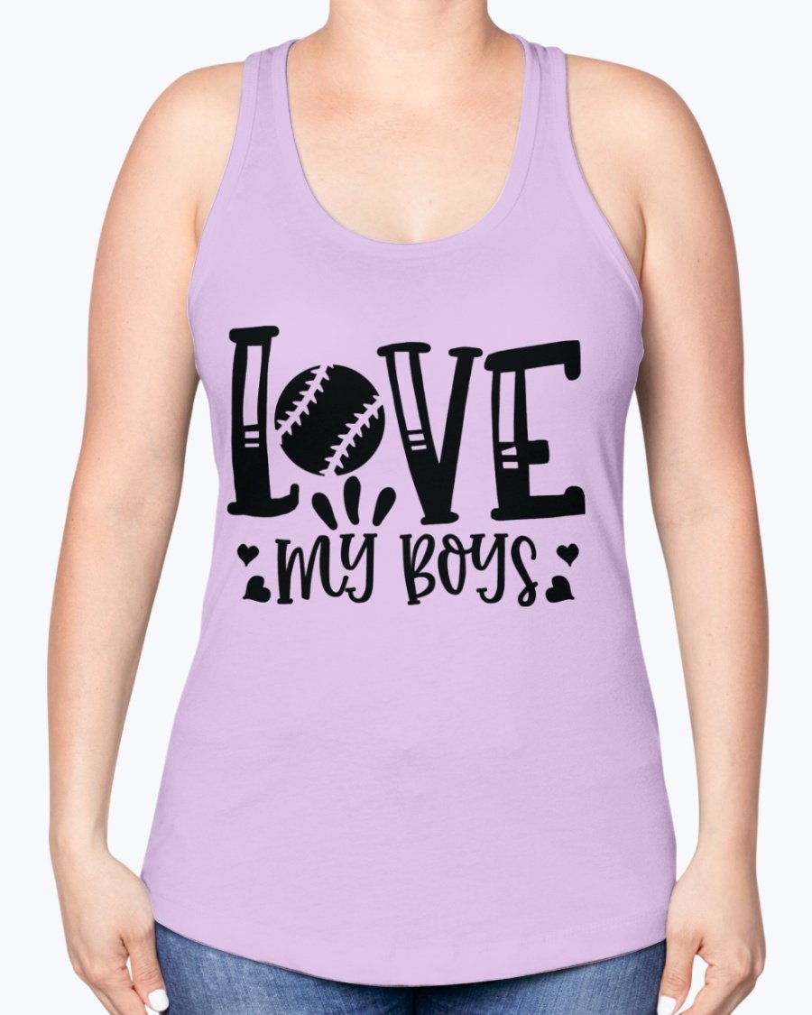 Love My Boys Baseball Racerback Tank in a stylish design, showcasing a soft cotton blend fabric perfect for baseball fans.