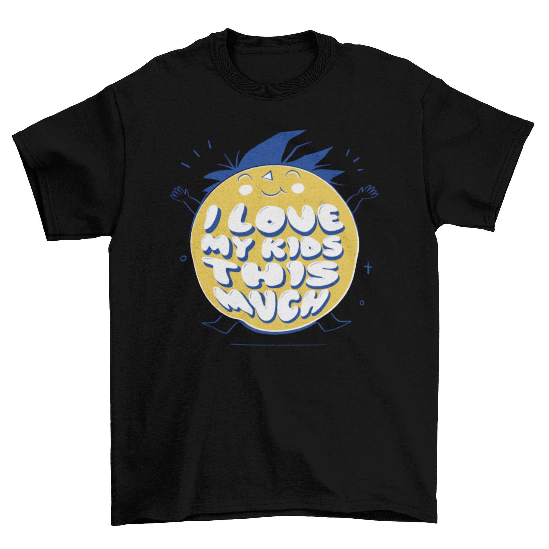 Youth t-shirt featuring a character with open arms and the quote 'I love my kids this much', perfect for expressing love.