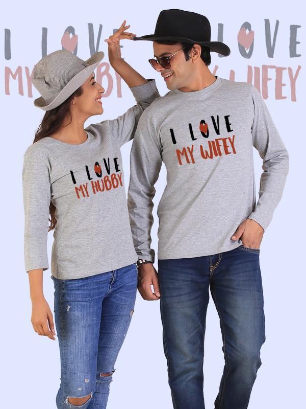 Couple full sleeves gray t-shirts with 'Love My Hubby' and 'Love My Wifey' printed designs, showcasing a stylish and comfortable look.