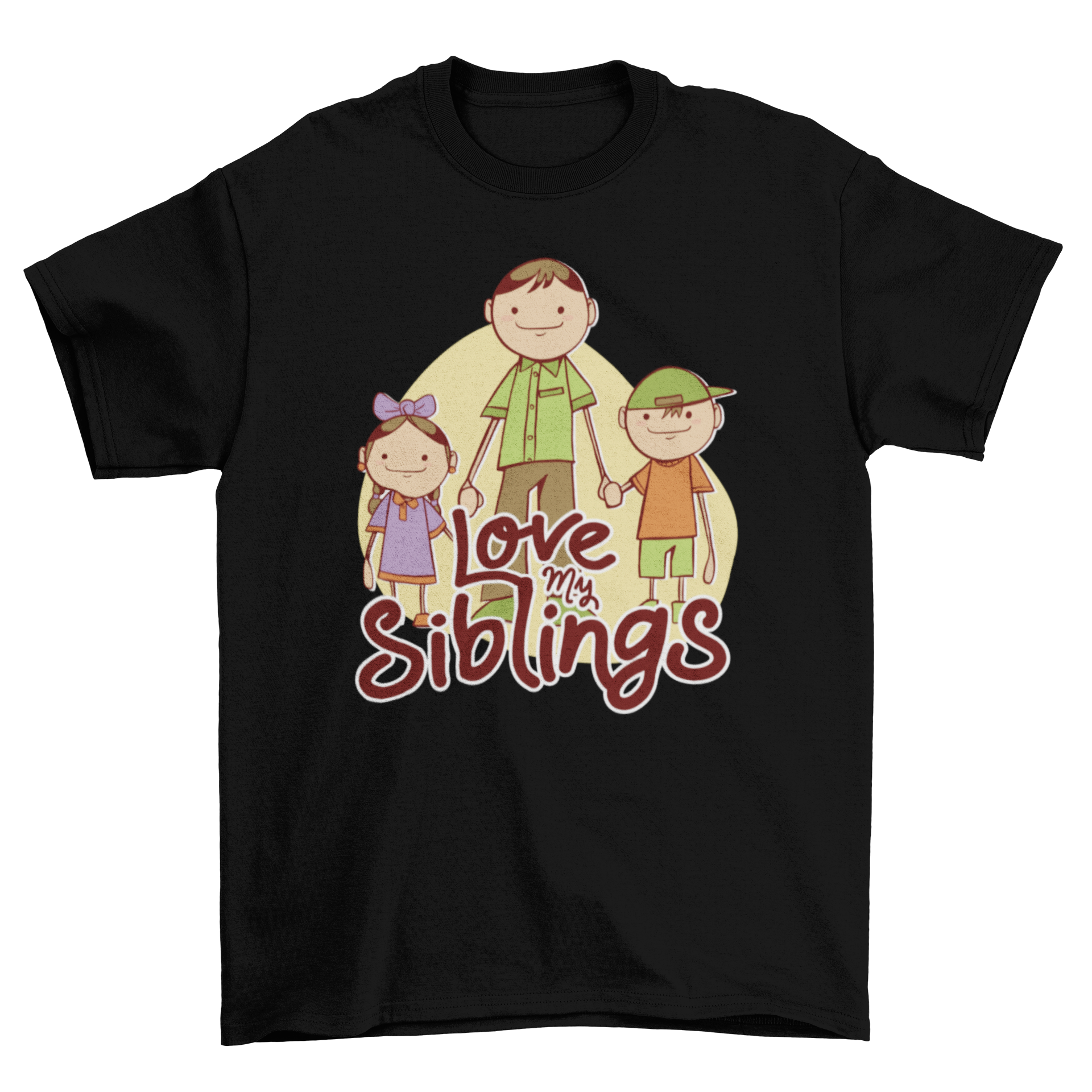 Adorable t-shirt featuring three smiley kids holding hands with 'Love my siblings' lettering.